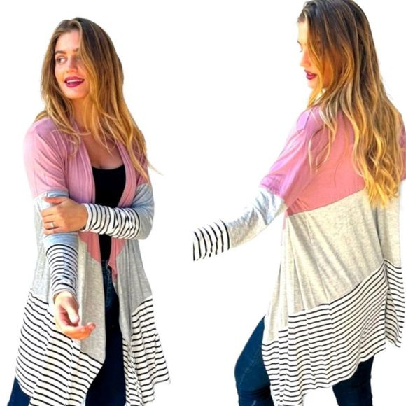 (Out Of Stock) Mauve Color Block Stripe Cardigan - Picture 5 of 6